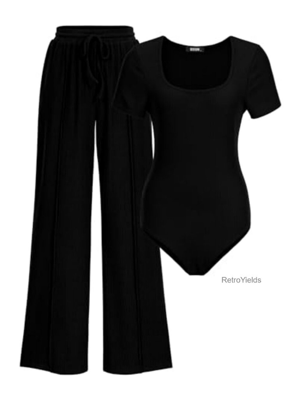 2 Piece Pant Set Bodysuit Wide Leg Lounge Outfit Ribbed Knit
